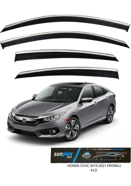 Honda Civic 2015-2021 Kromlu Cam Rüzgarlığı Takım – 4’lü Takım Rüzgar Kesici, Yağmur Önleyici