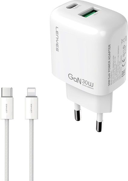 LCH93-TC-L Type-C To Lightning Gan Teknolojili Pd ve USB Hızlı Şarjlı Şarj Seti 30W Beyaz