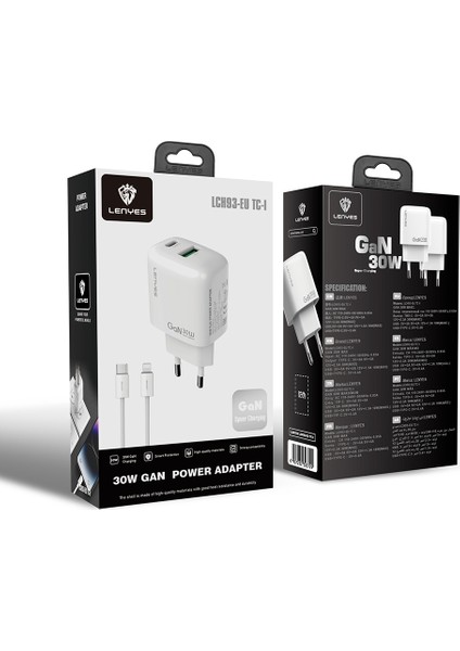 LCH93-TC-L Type-C To Lightning Gan Teknolojili Pd ve USB Hızlı Şarjlı Şarj Seti 30W Beyaz fiyatları