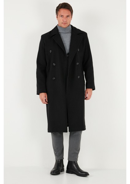 Loose Fit Kruvaze Yaka Uzun Astarlı Kaşe Kaban Erkek Kaban 681003