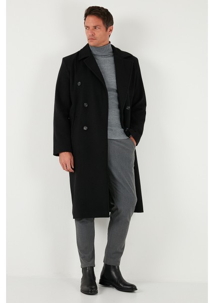 Loose Fit Kruvaze Yaka Uzun Astarlı Kaşe Kaban Erkek Kaban 681003