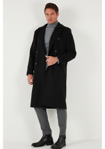 Loose Fit Kruvaze Yaka Uzun Astarlı Kaşe Kaban Erkek Kaban 681003