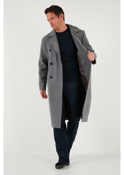 Loose Fit Kruvaze Yaka Uzun Astarlı Kaşe Kaban Erkek Kaban 681003