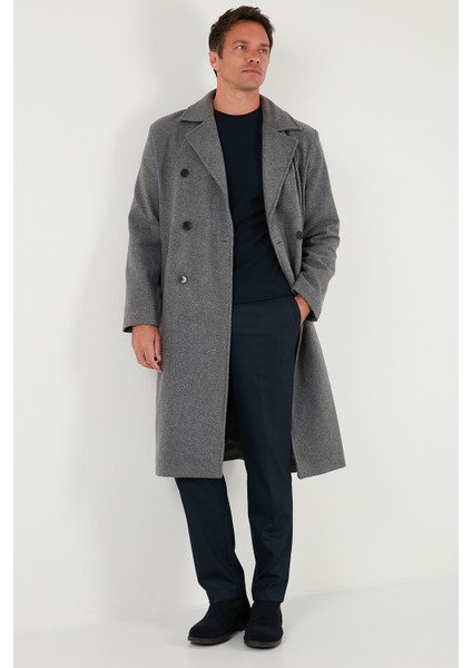 Loose Fit Kruvaze Yaka Uzun Astarlı Kaşe Kaban Erkek Kaban 681003