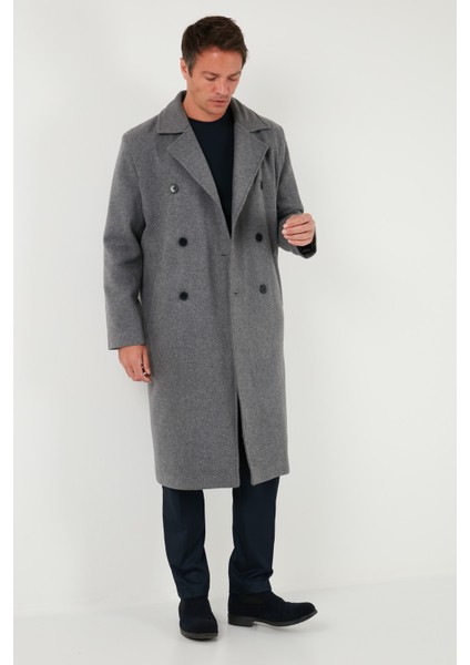 Loose Fit Kruvaze Yaka Uzun Astarlı Kaşe Kaban Erkek Kaban 681003