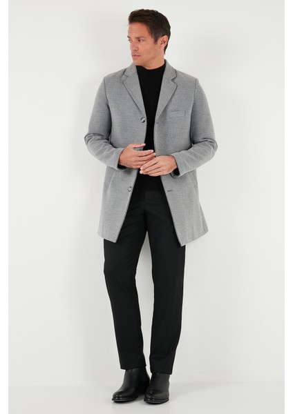 Slim Fit Tek Yırtmaçlı Düğmeli Mono Yaka Kaşe Kaban Erkek Kaban 5840098