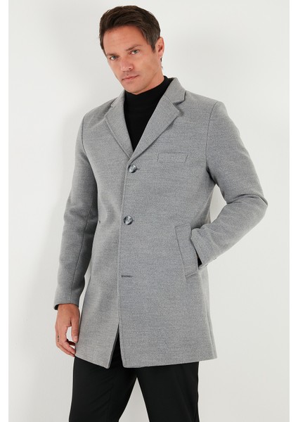 Slim Fit Tek Yırtmaçlı Düğmeli Mono Yaka Kaşe Kaban Erkek Kaban 5840098