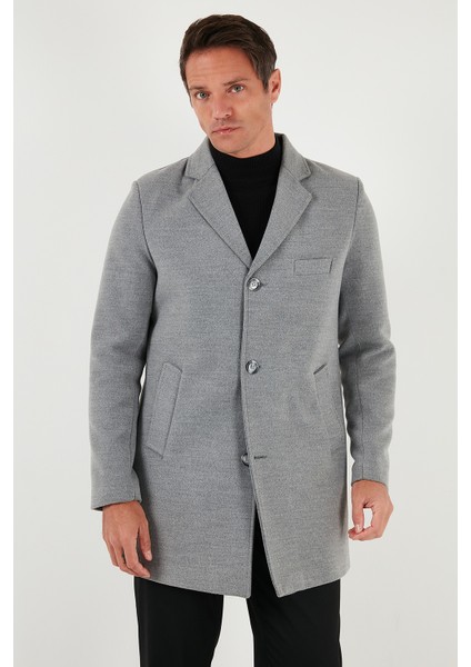 Slim Fit Tek Yırtmaçlı Düğmeli Mono Yaka Kaşe Kaban Erkek Kaban 5840098