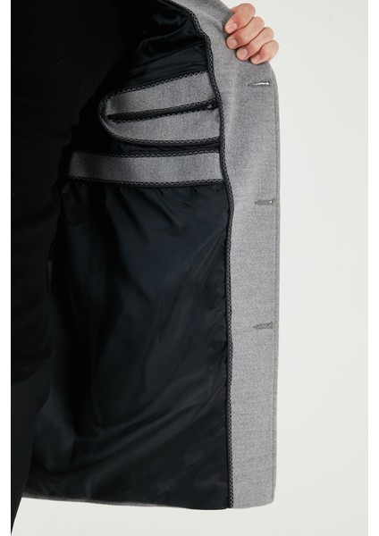 Slim Fit Tek Yırtmaçlı Düğmeli Mono Yaka Kaşe Kaban Erkek Kaban 5840098