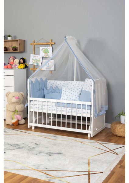 Doğal Ahşap Beşik Anne Yanı Sallanır 70X130 - Nakışlı Uyku Seti +Cibinlik