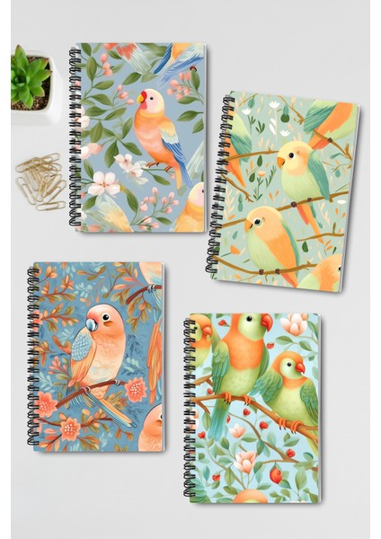 Minik Kuşlar No:2 Tasarım Tel Spiralli 4'lü Hatıra, Günlük, Ajanda, Anı, Okul Defter Seti