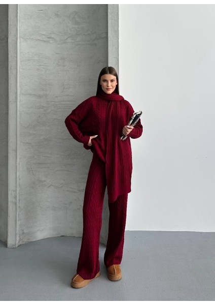 Kahve Atkılı Saç Örgülü Triko Pantolon Takım