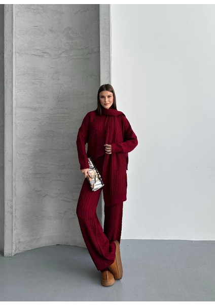 Kahve Atkılı Saç Örgülü Triko Pantolon Takım modelleri