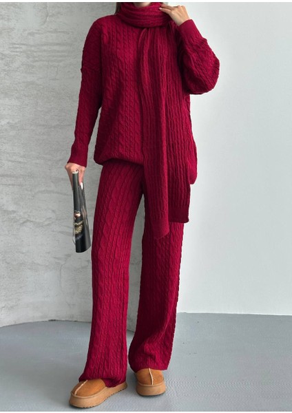 Kahve Atkılı Saç Örgülü Triko Pantolon Takım fırsatları