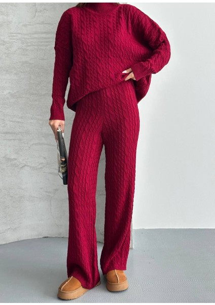Kahve Atkılı Saç Örgülü Triko Pantolon Takım indirimleri