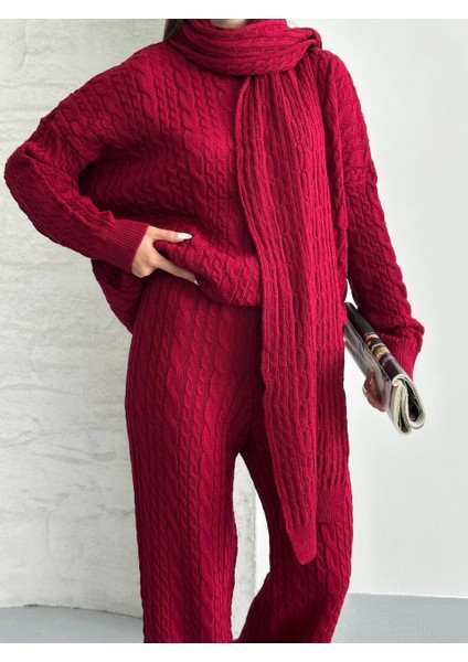 Kahve Atkılı Saç Örgülü Triko Pantolon Takım