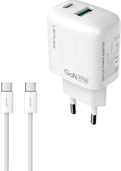 LCH93-TC-TC Type-C To Type-C Gan Teknolojili Pd ve USB Hızlı Şarjlı Şarj Seti 30W Beyaz