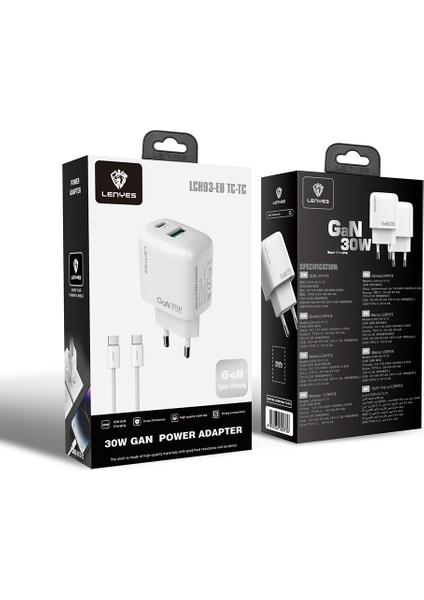 LCH93-TC-TC Type-C To Type-C Gan Teknolojili Pd ve USB Hızlı Şarjlı Şarj Seti 30W Beyaz fiyatları