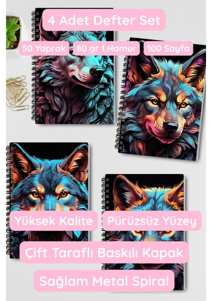 Pop Art Kurt Temalı Tasarım Tel Spiralli 4'lü Hatıra, Günlük, Ajanda, Anı, Okul Defter Seti