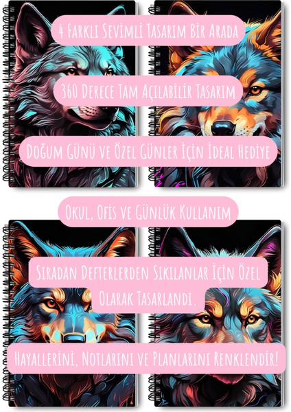 Pop Art Kurt Temalı Tasarım Tel Spiralli 4'lü Hatıra, Günlük, Ajanda, Anı, Okul Defter Seti