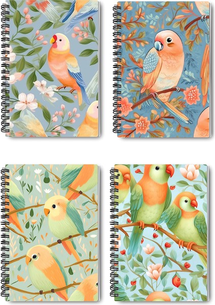 Minik Kuşlar No:2 Tasarım Tel Spiralli 4'lü Hatıra, Günlük, Ajanda, Anı, Okul Defter Seti