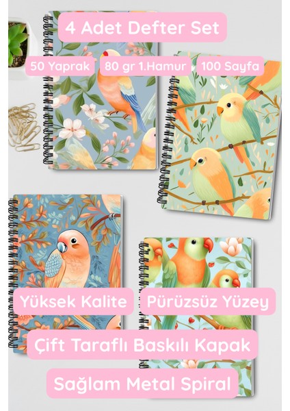 Minik Kuşlar No:2 Tasarım Tel Spiralli 4'lü Hatıra, Günlük, Ajanda, Anı, Okul Defter Seti