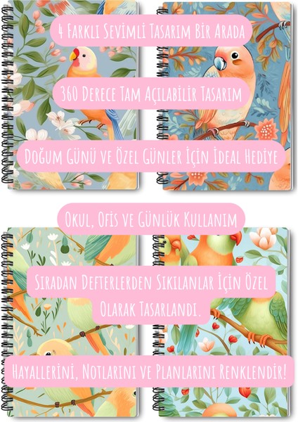 Minik Kuşlar No:2 Tasarım Tel Spiralli 4'lü Hatıra, Günlük, Ajanda, Anı, Okul Defter Seti