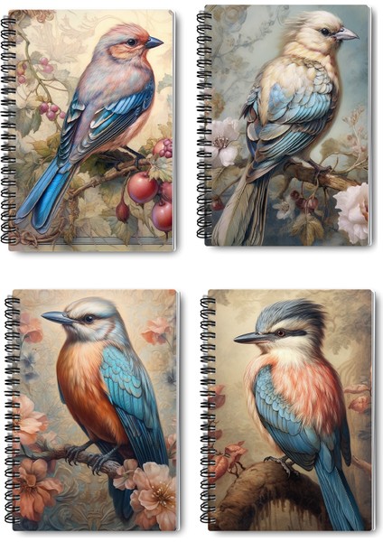 Vintage Kuş Temalı No:2 Tasarım Tel Spiralli 4'lü Hatıra, Günlük, Ajanda, Anı, Okul Defter Seti