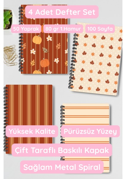 Sonbahar Temalı Cozy Tasarım Tel Spiralli 4'lü Hatıra, Günlük, Ajanda, Anı, Okul Defter Seti