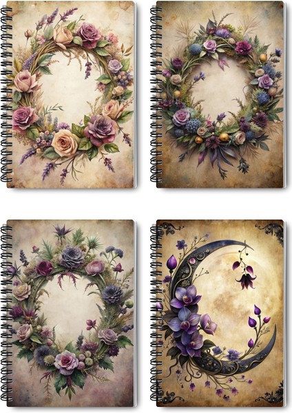 Gotik Çiçek Temalı Tasarım Tel Spiralli 4'lü Hatıra, Günlük, Ajanda, Anı, Okul Defter Seti