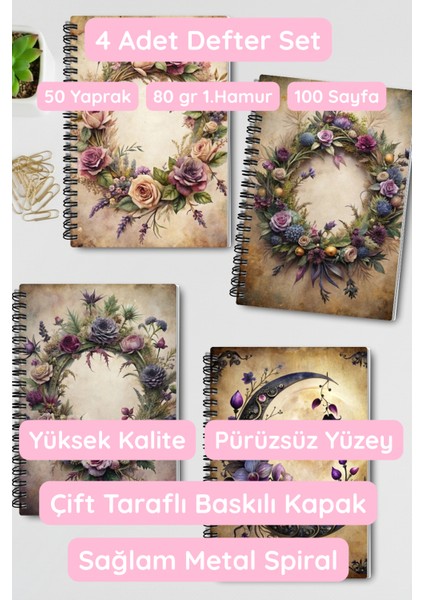 Gotik Çiçek Temalı Tasarım Tel Spiralli 4'lü Hatıra, Günlük, Ajanda, Anı, Okul Defter Seti