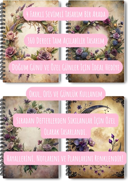 Gotik Çiçek Temalı Tasarım Tel Spiralli 4'lü Hatıra, Günlük, Ajanda, Anı, Okul Defter Seti
