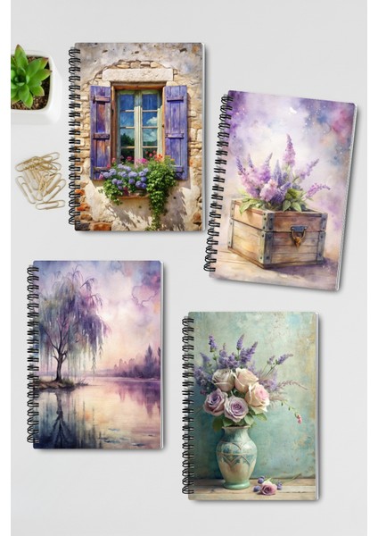 Purple Dream Nostaljik Tasarım Tel Spiralli 4'lü Hatıra, Günlük, Ajanda, Anı, Okul Defter Seti
