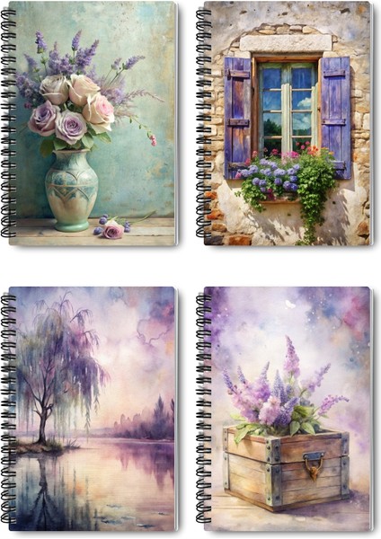 Purple Dream Nostaljik Tasarım Tel Spiralli 4'lü Hatıra, Günlük, Ajanda, Anı, Okul Defter Seti