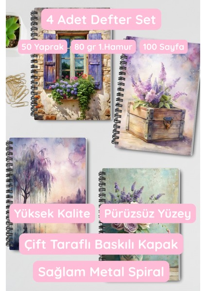 Purple Dream Nostaljik Tasarım Tel Spiralli 4'lü Hatıra, Günlük, Ajanda, Anı, Okul Defter Seti