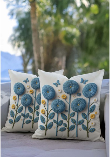 Punch Nakış Görünümlü Dijital Baskılı Gri Renkli Yaz Temalı Çiçekli 2li Kırlent Kılıfı Seti