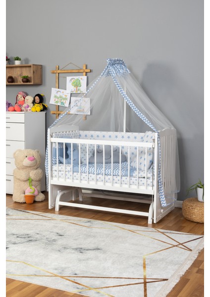 Doğal Ahşap Beşik Anne Yanı Sallanır 70X130 - Yıldız 3 Yastık Uyku Seti +Cibinlik modelleri