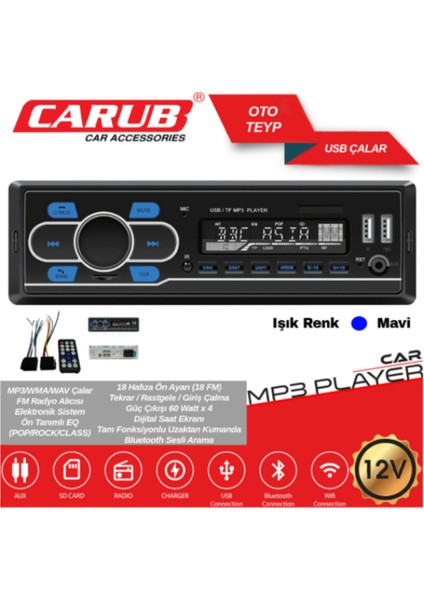 Çift USB Girişli Mavi Işıklı Bluetooth Oto Teyp Araba Teybi Radyo USB Sd Aux Amfi Çıkışlı 4X60 Watt
