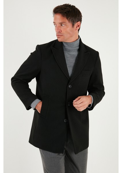 Slim Fit Apaş Yaka Astarlı Kaşe Kaban Erkek Kaban 584K1217