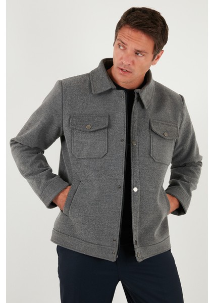 Slim Fit Ceket Yaka Astarlı Kaşe Kaban Erkek Kaban 58400347