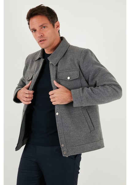 Slim Fit Ceket Yaka Astarlı Kaşe Kaban Erkek Kaban 58400347