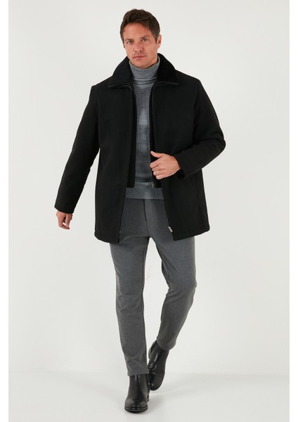 Slim Fit Çıkarılabilir Tüylü Yaka Detaylı Astarlı Kaşe Kaban Erkek Kaban 58400217