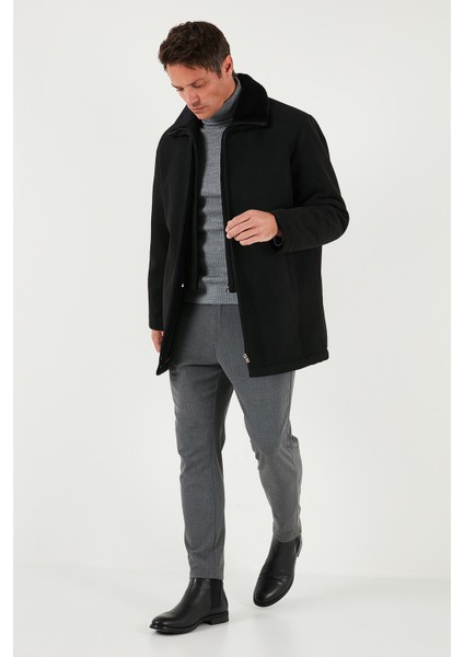 Slim Fit Çıkarılabilir Tüylü Yaka Detaylı Astarlı Kaşe Kaban Erkek Kaban 58400217