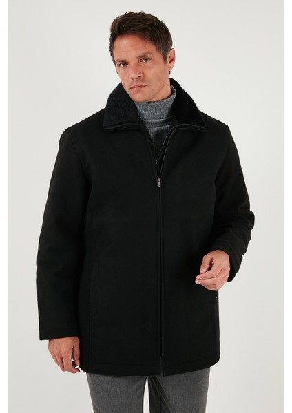 Slim Fit Çıkarılabilir Tüylü Yaka Detaylı Astarlı Kaşe Kaban Erkek Kaban 58400217