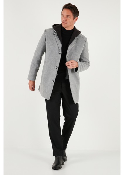 Çıkarılabilir Kapüşonlu Kırçıllı Slim Fit Kaşe Kaban Erkek Kaban 5841013