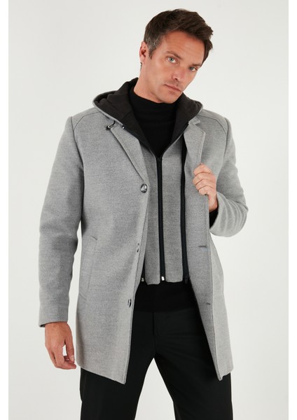 Çıkarılabilir Kapüşonlu Kırçıllı Slim Fit Kaşe Kaban Erkek Kaban 5841013