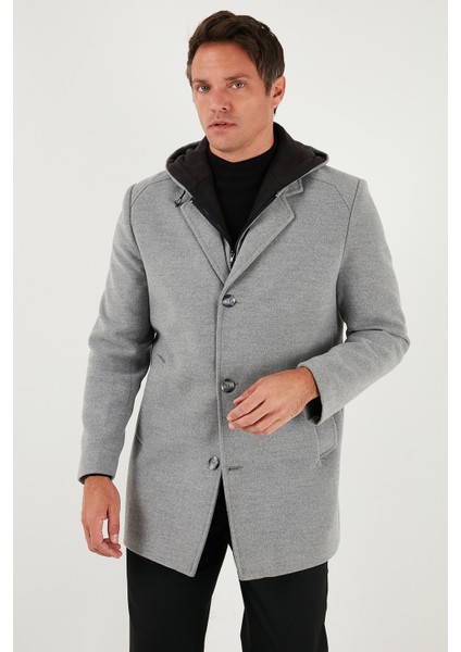 Çıkarılabilir Kapüşonlu Kırçıllı Slim Fit Kaşe Kaban Erkek Kaban 5841013