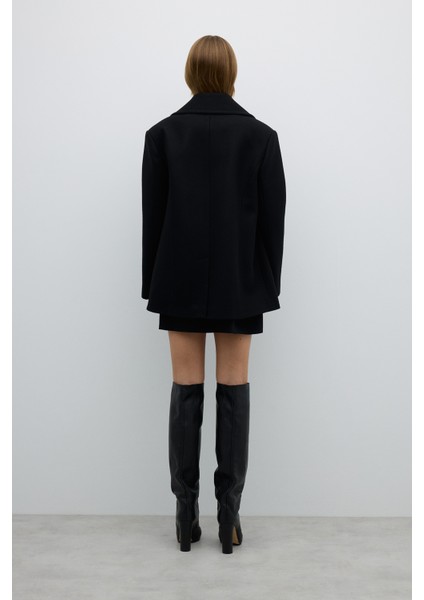 Kaşmir ve Yün Karışımlı Kruvaze Kaban Siyah K2519008_001