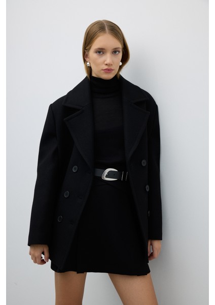 Kaşmir ve Yün Karışımlı Kruvaze Kaban Siyah K2519008_001