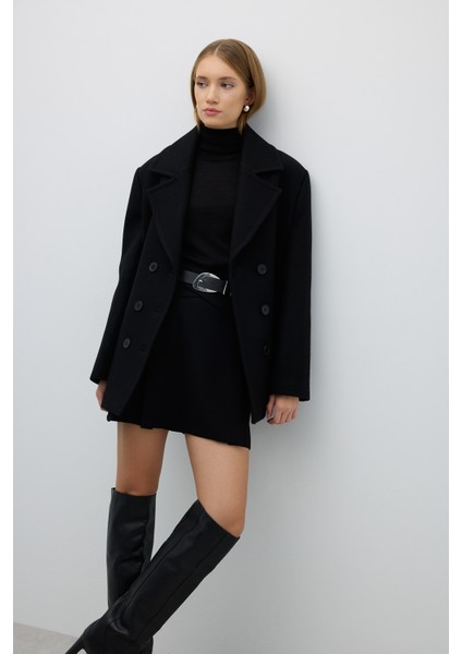 Kaşmir ve Yün Karışımlı Kruvaze Kaban Siyah K2519008_001